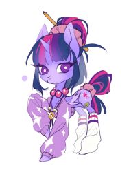  animal animal_focus animalization bandaid bandaid_on_leg bead_choker beads black_hair blunt_bangs bright_pupils closed_mouth clothed_animal coin commentary cutie_mark english_commentary expressionless eyelashes feathered_wings gold_coin hair_bun hair_ornament hair_scrunchie highres holed_coin jacket jewelry leg_up leg_warmers long_sleeves multicolored_hair my_little_pony my_little_pony:_equestria_girls my_little_pony:_friendship_is_magic necklace no_humans parted_bangs pencil pencil_in_hair pink_hair pink_scrunchie puffy_long_sleeves puffy_sleeves purple_hair purple_jacket sci-twi scrunchie short_hair simple_background single_hair_bun snout solo sparkle_print sweater_jacket tail_scrunchie twilight_sparkle unicorn violet_eyes white_background white_leg_warmers white_pupils wikate winged_unicorn wings 