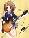  bad_id brown_eyes brown_hair guitar guitar_pick hair_ornament hairclip hirasawa_yui instrument k-on! les_paul musical_note napa no_legwear plectrum polka_dot saeki_nao school_uniform short_hair skirt solo 