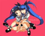  blue_hair hug kitano_yuusuke legs long_hair multiple_girls nankyoku_kaede nankyoku_sakura penguin_musume school_uniform serafuku twintails 