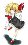  1girl :p blonde_hair eyebrows_visible_through_hair female hair_ribbon hand_on_hip kneehighs looking_at_viewer red_eyes red_shoes ribbon rumia short_hair solo takehito tongue tongue_out touhou white_kneehighs 