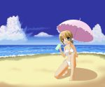  barefoot beach bikini blonde_hair blue_eyes highres hu_sea parasol short_hair swimsuit umbrella 