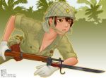  bayonet bolt_action breasts brown_eyes brown_hair cleavage gloves gun helmet imperial_japanese_army jungle military military_uniform nature open_mouth short_hair sino sleeves_rolled_up solo tomboy unbuttoned uniform weapon 