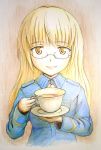 cup glasses gomoki long_hair military military_uniform perrine_h_clostermann smile strike_witches tea teacup traditional traditional_media uniform yellow_eyes 