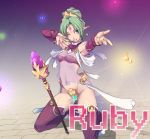 crotch_plate earrings green_hair jewelry painpa panel_de_pon pointy_ears ruby_(panel_de_pon) solo thigh-highs thighhighs wink 