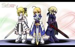  armor armored_dress caliburn chibi dark_excalibur dress dual_persona excalibur fate/stay_night fate/unlimited_codes fate_(series) highres multiple_girls multiple_persona saber saber_alter saber_lily sword triple_persona type-moon u-ka wallpaper weapon 