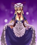  blonde_hair bow breasts choker cleavage dress dress_lift elbow_gloves frilled_dress frills gloves hair_bow hat highres large_breasts long_hair ooike_teru red_eyes ribbon skirt_lift touhou yakumo_yukari 