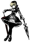  corset dark_excalibur fate/stay_night fate_(series) gothic_lolita high_contrast lolita_fashion pantyhose parasol saber saber_alter solo sword type-moon umbrella weapon 
