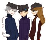  1girl 2boys animal_hat blush brown_hair cat_hat closed_eyes evangelion:_3.0_you_can_(not)_redo eyepatch hat ikari_shinji long_hair makinami_mari_illustrious multiple_boys nagisa_kaworu neon_genesis_evangelion open_mouth orange_hair rebuild_of_evangelion shikinami_asuka_langley short_hair smile souryuu_asuka_langley white_hair 