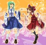  armpits bow brown_hair detached_sleeves frog green_hair hakurei_reimu hand_on_hip japanese_clothes kochiya_sanae loafers miko misti multiple_girls open_mouth pointing shoes snake socks touhou yellow_eyes 