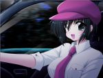  black_hair blue_eyes car car_interior daikokuya_kyouko driving game_cg hat long_hair moero_downhill_night motor_vehicle vehicle 