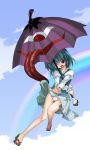  blue_hair geta karakasa panties red_eyes sandals short_hair skirt_lift tatara_kogasa tears tongue touhou umbrella wink yukitokaze 