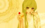  c.c. cake cc code_geass eating food fruit green_hair long_hair meroron nude strawberry tongue yellow_eyes 