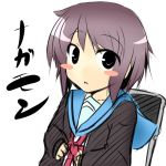  :o blush_stickers cardigan chair nagato_yuki purple_hair school_uniform serafuku short_hair solo surikogi suzumiya_haruhi_no_yuuutsu translation_request 