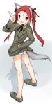 hair_ribbon hand_on_hip legs long_hair looking_back minna-dietlinde_wilcke open_mouth panties red_eyes red_hair redhead ribbon shikkaku strike_witches tail twintails underwear uniform wolf_ears 