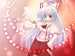  bow danmaku fujiwara_no_mokou hair_bow highres hiyori hiyori-o long_hair midriff red_eyes silver_hair smile suspenders touhou 