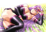  ass blindfold breasts choker dress fate/stay_night fate_(series) huge_breasts long_hair looking_at_viewer lying on_side panties parted_lips purple_hair rider solo strapless_dress thigh-highs thighhighs type-moon ueyama_michirou underwear very_long_hair 
