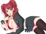  black_thighhighs blush bra breasts brown_eyes cleavage earrings houndstooth jewelry kujikawa_rise lingerie lipstick miniskirt nail_polish navel on_side panties pantyshot persona persona_4 pleated_skirt red_hair redhead school_uniform skirt sumitan thigh-highs thighhighs twintails underwear 