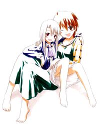  brown_hair fate/stay_night fate_(series) feet fujimura_taiga illyasviel_von_einzbern jas legs short_hair skirt traditional_media type-moon 