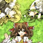  blonde_hair brown_eyes brown_hair chiruku grass green_eyes green_hair hakurei_reimu kirisame_marisa kochiya_sanae lying multiple_girls touhou 