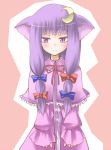  animal_ears blush bow capelet cat_ears crescent downcast_eyes hair_bow kemonomimi_mode long_hair no_hat no_headwear patchouli_knowledge purple_eyes purple_hair robe sad shy simple_background solo toobane touhou violet_eyes 