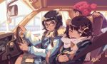  bf&#039;s_ok_farm bf._(sogogiching) blush brown_eyes brown_hair car car_interior cat coats driving glasses motor_vehicle multiple_girls original vehicle wink 