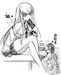  c.c. cc chinese code_geass creayus crossed_legs hair_ribbon legs lelouch_lamperouge long_hair male miniskirt monochrome mouth_hold ribbon sitting sketch skirt sleeves_past_wrist sleeves_past_wrists smile translated translation_request 