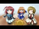  blue_eyes bow brown_hair chibi closed_eyes eva_beatrice hair_bobbles hair_ornament letterboxed orange_hair red_hair sakutarou shannon short_hair skirt thighhighs umineko_no_naku_koro_ni ushiromiya_ange ushiromiya_eva young 