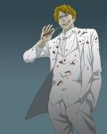  baccano blonde_hair blood blue_eyes bow_tie bowtie formal genmaipudding grin knife ladd_russo long_sleeves pants smile solo suit 