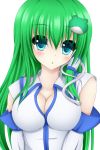  1girl blue_eyes blush breast_squeeze breasts chestnut_mouth cleavage detached_sleeves frog_hair_ornament gengodou green_hair hair_ornament head_tilt highres impossible_clothes impossible_shirt kochiya_sanae large_breasts looking_at_viewer open_mouth shirt simple_background snake_hair_ornament solo tapisuke touhou upper_body white_background 