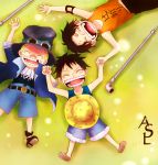  3boys bandage blonde_hair brothers brown_hair closed_eyes family freckles hand_holding hat monkey_d_luffy multiple_boys one_piece open_mouth pole portgas_d_ace sabo_(one_piece) sakurakuon siblings smile straw_hat tank_top top_hat younger 