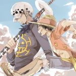  2boys hat jumping monkey_d_luffy multiple_boys one_piece open_clothes open_shirt shirt shorts smile straw_hat sword trafalgar_law weapon zombie_(ebcho1997) 