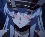  1girl akame_ga_kill! blue_hair blush breasts colored_eyelashes esdeath hat ice long_hair looking_at_viewer stitched tattoo uniform 