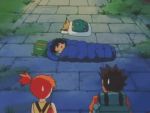  90s animated animated_gif gong hat kasumi_(pokemon) lowres night pikachu pokemon satoshi_(pokemon) sleeping sleeping_bag takeshi_(pokemon) 