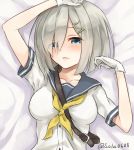  1girl azuuru_(azure0608) blue_eyes breasts gloves hair_ornament hair_over_one_eye hairclip hamakaze_(kantai_collection) kantai_collection large_breasts school_uniform serafuku short_hair silver_hair solo white_gloves 