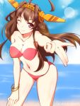  1girl ;) bikini bracelet breasts brown_hair cleavage hairband hand_on_own_thigh headgear jewelry kantai_collection kongou_(kantai_collection) long_hair looking_at_viewer ocean one_eye_closed ookami_maito red_bikini smile solo swimsuit twitter_username violet_eyes 