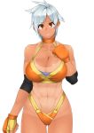  1girl 23_(real_xxiii) bare_shoulders breasts brown_eyes cleavage dark_skin fingerless_gloves gloves huge_breasts legs lipstick looking_at_viewer makeup navel short_hair silver_hair simple_background smile solo standing tan tanline thighs white_background wrestle_fight_girls 