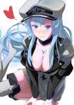  1girl akame_ga_kill! aqua_eyes aqua_hair blue_eyes blue_hair blush boots breasts choker cleavage esdeath female hat large_breasts long_hair looking_at_viewer military military_uniform miniskirt peaked_cap sitting skirt smile solo tattoo thigh-highs thigh_boots uniform very_long_hair white_background white_legwear 