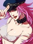  1girl ;) bare_shoulders blue_eyes breasts cleavage collar elina_kuroe_no_daarin erect_nipples final_fight grin hat lipstick long_hair makeup one_eye_closed peaked_cap pink_hair poison_(final_fight) salute smile solo strap_slip studded_collar tank_top 