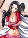  1girl black_hair blue_eyes blush boa_hancock breasts cleavage earrings from_above highres jewelry large_breasts long_hair looking_at_viewer lying midriff miyarou_(35-miya-7375) navel on_back one_piece solo 
