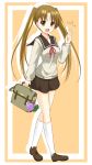  1girl :d absurdres bag brown_eyes brown_hair highres long_hair looking_at_viewer okazaki_norie open_mouth school_bag school_uniform serafuku shoes skirt smile sogaya solo tamayura twintails walking white_legwear 