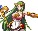  1girl armpits bare_shoulders belt bracer breasts cleavage dress female green_eyes green_hair hair_ornament huge_breasts jewelry kid_icarus long_hair lots_of_jewelry necklace palutena simple_background solo staff standing umigarasu_(magipro) white_background 