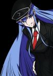  1girl akame_ga_kill! blue_hair breasts esdeath hat large_breasts long_hair looking_at_viewer standing stitched tattoo uniform 
