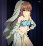  1girl arabian_clothes bare_shoulders belly_dancer brown_eyes brown_hair detached_sleeves hair_ornament harem_outfit jinsei long_hair midriff navel ponytail shitaya_tomoyuki smile solo suzuki_ikumi_(jinsei) veil 