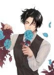  10s 1boy 2014 aj ajiang alternate_costume batman_(series) black_hair blue_necktie blue_rose closed_eyes dc_comics dick_grayson flower formal male_focus necktie nightwing rose shirt solo waistcoat white_shirt 