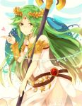  1girl green_eyes green_hair hair_ornament jewelry kid_icarus kid_icarus_uprising long_hair lots_of_jewelry nintendo palutena solo staff thigh-highs weapon 