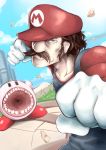  2boys blue_eyes brown_hair clenched_hand facial_hair gloves hat kirby kirby_(series) male_focus mario super_mario_bros. multiple_boys muscle mustache nintendo open_mouth overalls short_hair super_mario_bros. super_smash_bros. teeth 