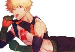  1boy bakugou_katsuki between_pectorals blonde_hair boku_no_hero_academia can coca-cola gloves looking_at_viewer lying male_focus on_stomach red_eyes simple_background soda_can solo spiky_hair tongue tongue_out white_background 