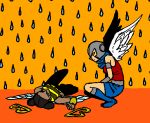  2girls angel_(dc) angel_wings bee_costume black_hair black_pants blue_shoes blue_skirt boots bumble_bee cartoon_network dark_skin dc_comics double_bun feathered_wings helmet insect_wings karen_beecher lying multiple_girls okayu on_back pants rain red_shirt scarf shirt shoes sketch skirt sleeveless solid_eyes striped striped_shirt teen_titans vambraces weapon wings yellow_eyes 