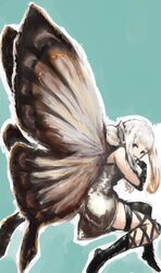  1girl aerie_(bravely_default) black_eyes bravely_default:_flying_fairy bravely_default_(series) butterfly_wings fairy grin kogemeshi long_hair minigirl pointy_ears smile solo white_hair wings 