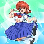  1girl blue_eyes blush braid genderswap jumping midriff navel ranma-chan ranma_1/2 redhead saotome_ranma school_uniform serafuku single_braid skirt skirt_hold solo wantan-orz wink 